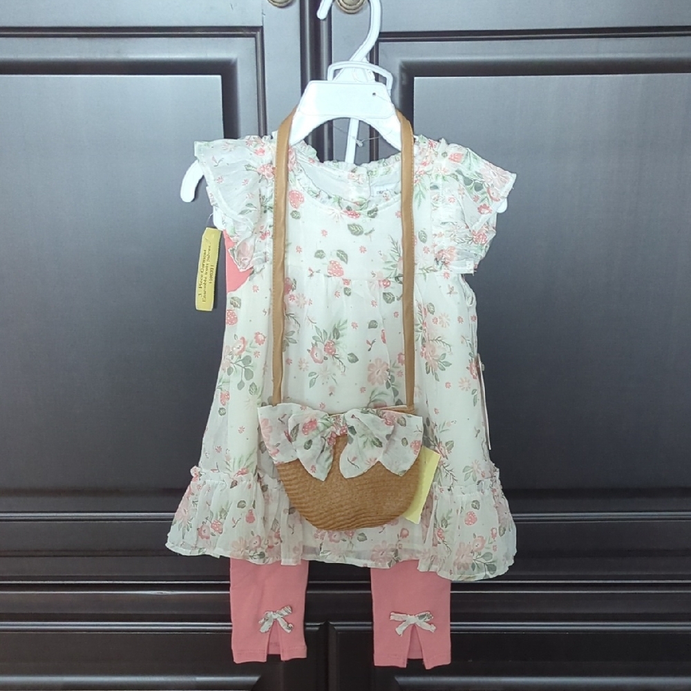 cupcakes & cashmere Floral Dress with Pink Leggings and Bag Set